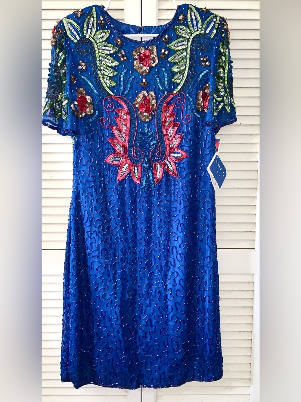 Vintage 80s Swee Lo NWT Royal Blue 100% Silk Multi Color Beaded Dress Size Large